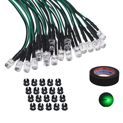 20PCS 12V 5mm Pre-Wired Green LED Diodes with Resistor, Includes 20 Black Mounts & 5-Meter Waterproof Tape, for Automotive Indicators, DIY Electronics, and Equipment Status Lights - color: Green