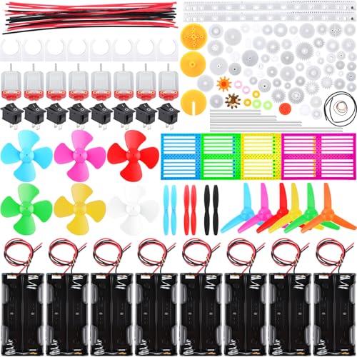 Soulchen 8 Set 157 Pcs Dc Motors Kit, Mini Hobby Electric Motor 3v -6v Electric Rectangular Mini Motor with Propellers Plastic Gears Aa Battery Holder Rocker DIY Science Project Kit for DIY Projects