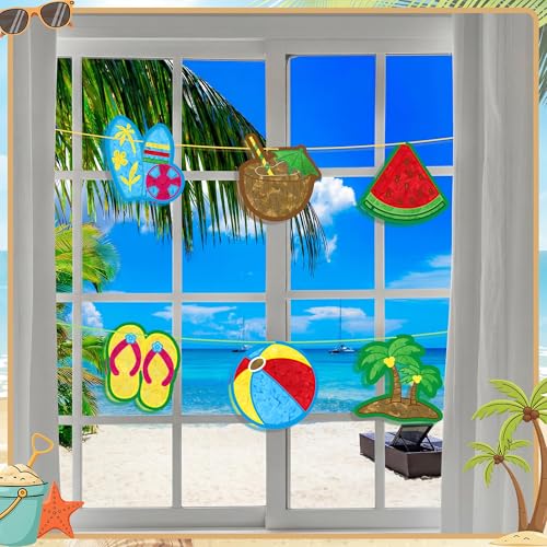 Aneco 24 Sets DIY Summer Suncatchers Craft Kit, Tissue Paper Sign Art Crafts, Hawaiian Hanging Window Ornaments Decor for Tropical Beach Party Holiday Home Activities - style: Summer