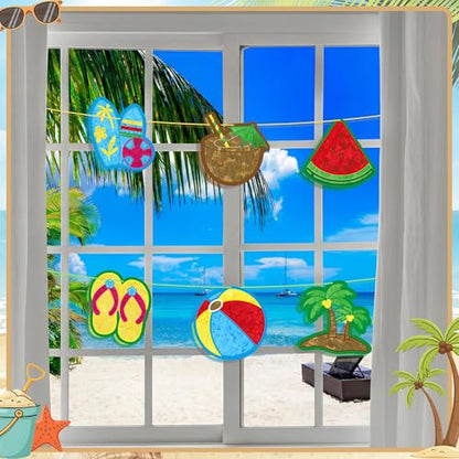 Aneco 24 Sets DIY Summer Suncatchers Craft Kit, Tissue Paper Sign Art Crafts, Hawaiian Hanging Window Ornaments Decor for Tropical Beach Party Holiday Home Activities - style: Summer