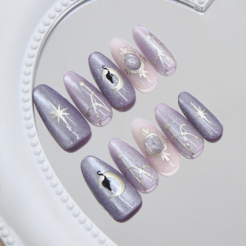Almond Press on Nails Medium Purple Fake Nail Magic Style Lunna and Black Cat Acrylic Nail Press ons Cat Eye Stick on Nail for Women 24pcs - color: Color41