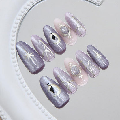 Almond Press on Nails Medium Purple Fake Nail Magic Style Lunna and Black Cat Acrylic Nail Press ons Cat Eye Stick on Nail for Women 24pcs - color: Color41