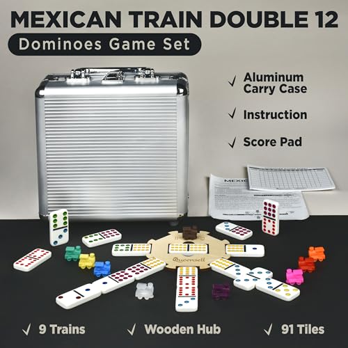 Queensell Mexican Train Dominoes Set with Wooden Hub, Domino Tile Board Games - Double 12 Dominos Set for Family Game Night for Adults and Kids Ages 8 and up (Double 12) - size: Double 12