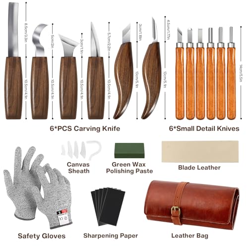 17Pcs DIY Wood Carving Tools, 6 Whittling Knives, 5 Detail Carving Knives - color: Brown02