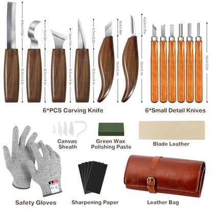 17Pcs DIY Wood Carving Tools, 6 Whittling Knives, 5 Detail Carving Knives - color: Brown02