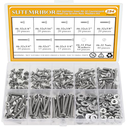 254 Pieces #6-32 x 1/4", 5/16", 3/8", 1/2", 5/8", 3/4", 1", 1-1/4", Countersunk Head Socket Cap Screws Nuts Washers Assortment Kit - size: #6-32, style: Countersunk Head Socket Cap