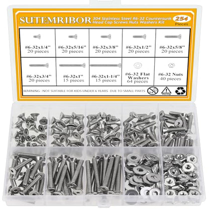 254 Pieces #6-32 x 1/4", 5/16", 3/8", 1/2", 5/8", 3/4", 1", 1-1/4", Countersunk Head Socket Cap Screws Nuts Washers Assortment Kit - size: #6-32, style: Countersunk Head Socket Cap