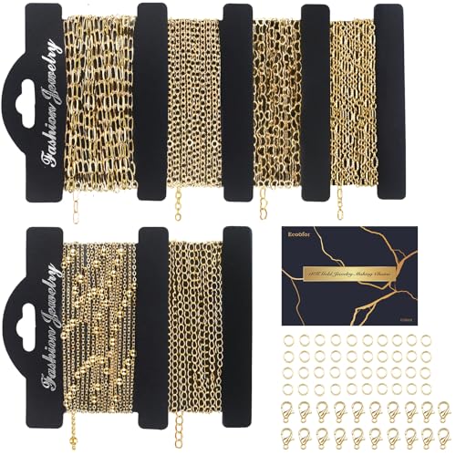 14k Gold Necklace Chains for Jewelry Making, Total 20 Feet 6 Rolls Bracelet Chains for DIY, 3.3 Feet Each Style, 14K Gold Plated Chain with Jump Rings/Lobster Clasps/Connectors - color: Gold 14k 20 Feet 6 Rolls