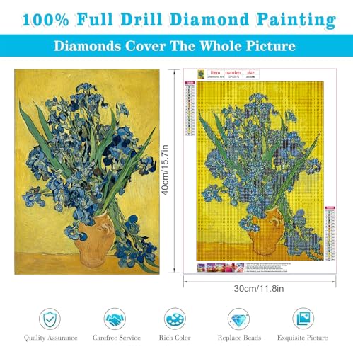 VeGuude Diamond Art Kits for Adults-Van Gogh Diamond Painting Kits for Adults Beginners,Irises 5D DIY Full Drill Diamond Painting Cat Gem Art and Crafts 12x16inch - color: DP02871