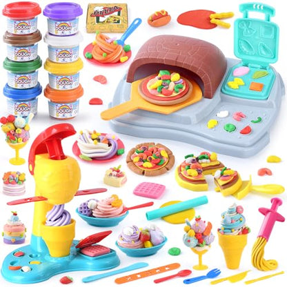2 in 1 Color Dough Sets for Kids Ages 2-4-8, Kitchen Creations Ice Cream Pizza Maker Machine, Art Crafts Play Food Toys for 3 Year Old Girls Boys and Up, 8 Cans of Modeling Compound Dough,2 oz Cans - color: Blue Yellow