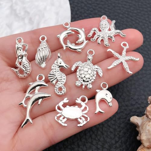WOCRAFT 60pcs Bright Silver Ocean Bracelet Charms for Jewelry Making Sets DIY Necklace Bracelet Keychain Crafting Charms Kit Craft Supplies (SN885) - color: Bright Silver, size: Ocean Charms