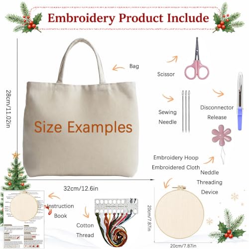 ARTopet Embroidery Tote Bag Kit for Beginners Christmas Canvas Cross Stitch Handbag with Hoops Needles Threads Reusable Grocery Bag for Women-Christmas Tree - color: Christmas Tree