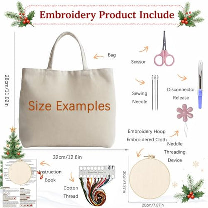 ARTopet Embroidery Tote Bag Kit for Beginners Christmas Canvas Cross Stitch Handbag with Hoops Needles Threads Reusable Grocery Bag for Women-Christmas Tree - color: Christmas Tree