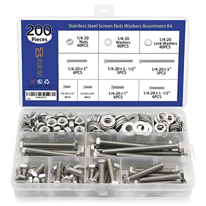 200PCS Nuts and Bolts 1/4-20 x 1/2”, 3/4”, 1”, 1-1/2”, 2”, 2-1/2”, 3” Carbon Steel Hex Bolts and Nuts Assortment Kit Hardware Screws Set (7 Different Sizes) - size: 1/4-20 (200 Pcs)