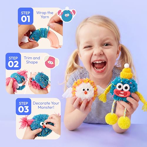 JOVA Klever Kits Pom Pom Monster Kits- DIY Plush Backpack Keychains, Pom Pom Crafts for Kids Aged 4+ Kid Felt Kits, Arts & Crafts for Boys Girls Birthday Party Gift Toy