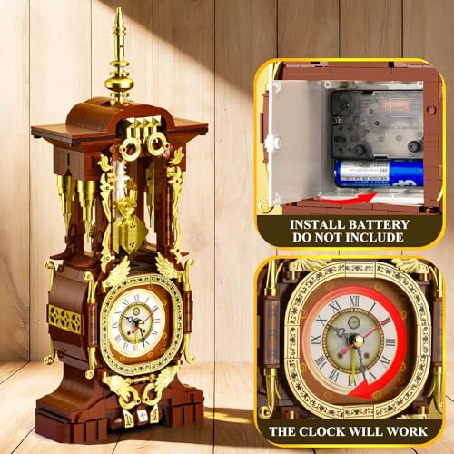 Retro Clock Building Set for Adults, Vintage Pendulum Model with Rotating Gears, Mechanical Building Blocks Toy, Gift for Boys and Girls 8+(879PCS) - style: Vintage Clock
