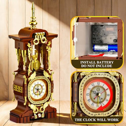 Retro Clock Building Set for Adults, Vintage Pendulum Model with Rotating Gears, Mechanical Building Blocks Toy, Gift for Boys and Girls 8+(879PCS) - style: Vintage Clock