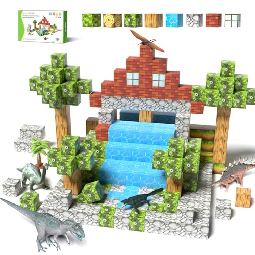 Veecafiodi Magnetic Blocks 108PCS, Dinosaur Magnetic Building Blocks with 6 Dinosaur Figures, Magnetic Blocks for Kids Ages 3-5, 4-8, STEM Construction Toy - color: Yellow