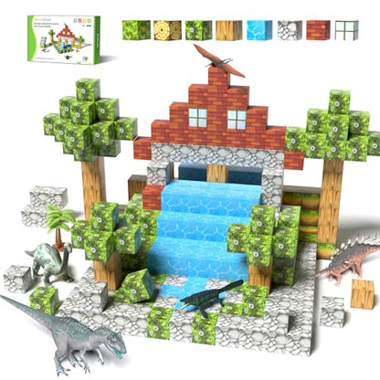 Veecafiodi Magnetic Blocks 108PCS, Dinosaur Magnetic Building Blocks with 6 Dinosaur Figures, Magnetic Blocks for Kids Ages 3-5, 4-8, STEM Construction Toy - color: Yellow