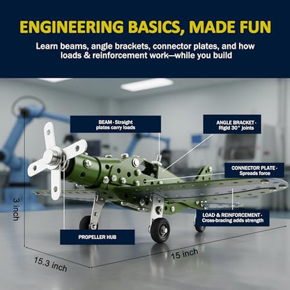 STEM Metal Airplane Building Kit for Kids, 285-Piece DIY Plane Set - style: Green Metal Airplane Build Kit