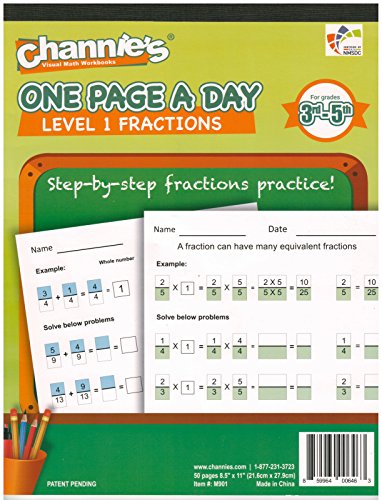 Channie's Visual One Page A Day Level 1 Fraction Practice Workbook, Practical Color-Coded Single & Double Digit Fractions Workbook, Grade 3-5, Easy Tear-Off Worksheets, 50 Pages