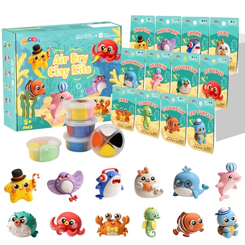 Air Dry Clay Kit, 12 Sea Creature Modeling Clay for Kids, Model Magic Clay with Sculpting Tools and Tutorials, Safe & Non-Toxic, DIY Arts & Crafts School Projects, Home Party Favors for Boys & Girls - color: Clay Marine Kit
