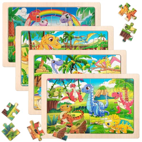 4 Pack Wooden Animal Jigsaw Puzzles for Kids Age 3+ Puzzles Gift - color: Dinosaur