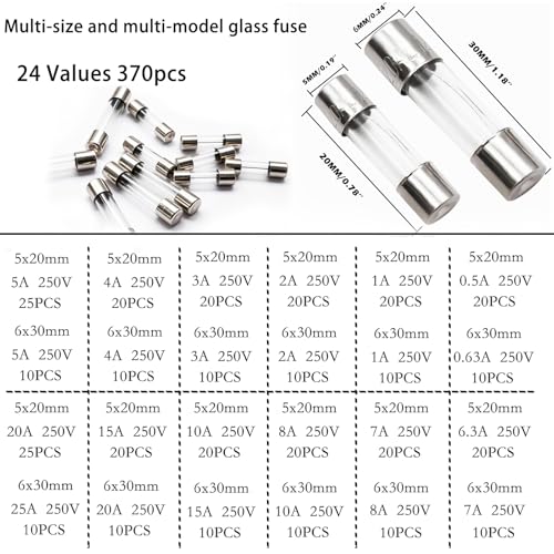 24 Values 370pcs Fast Blow Glass Fuses Assortment Kit 250V 0.5A 1A 2A 3A 4A 5A 6.3A 7A 8A 10A 15A 20A 5X20MM 0.63A 1A 2A 3A 4A 5A 7A 8A 10A 15A 20A 25A 6X30MM 250V Fast-Blow Glass Fuses Set - size: 370PCS kit