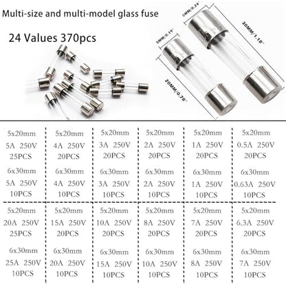 24 Values 370pcs Fast Blow Glass Fuses Assortment Kit 250V 0.5A 1A 2A 3A 4A 5A 6.3A 7A 8A 10A 15A 20A 5X20MM 0.63A 1A 2A 3A 4A 5A 7A 8A 10A 15A 20A 25A 6X30MM 250V Fast-Blow Glass Fuses Set - size: 370PCS kit
