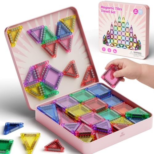Mini Magnetic Tiles for Girls Travel in Tin Box to Stop Crying - style: Pink 60PCS