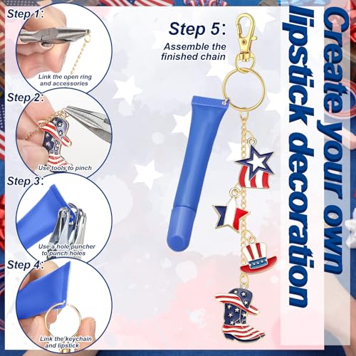 VioraWhite 213 Pcs 4th of July Lip Gloss Keychain Making Kit for 250th Anniversary 100 Red White Blue Enamel Charms Lip Balm 32.81 ft Chains for Independence Day Patriotic DIY Crafts Women - style: 4th of July Theme