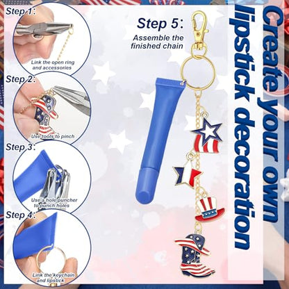 VioraWhite 213 Pcs 4th of July Lip Gloss Keychain Making Kit for 250th Anniversary 100 Red White Blue Enamel Charms Lip Balm 32.81 ft Chains for Independence Day Patriotic DIY Crafts Women - style: 4th of July Theme