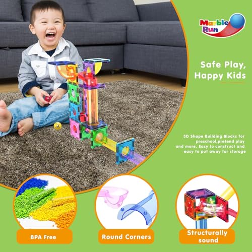 PicassoTiles Magnetic Tiles Marble Run Building Blocks Rainbow Color with Slide Drop Funnels Tubes STEM Educational Toy Set Compatible Durable Construction Kit for Kids Age 3+ Preschool Learning PTG40 - style: Marble Run 40pcs