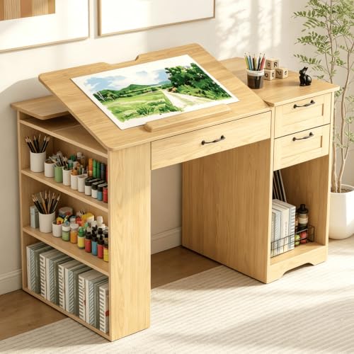 Drafting Table with Storage Cabinet & Drawers, Adjustable Drawing Table with Open Shelves, Craft Art Desk for Artists, Painters, Drawing, Crafting, Reading, Writing, Working - color: Natural Oak
