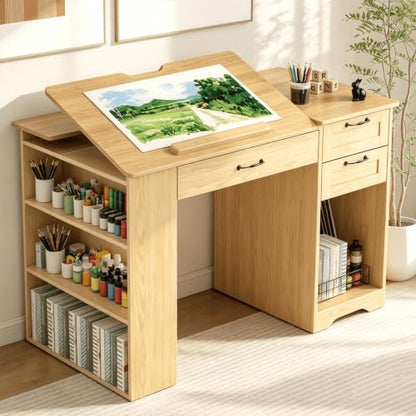 Drafting Table with Storage Cabinet & Drawers, Adjustable Drawing Table with Open Shelves, Craft Art Desk for Artists, Painters, Drawing, Crafting, Reading, Writing, Working - color: Natural Oak
