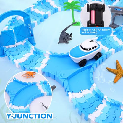 Ocean Theme Flexible Race Car Tracks for Kids, Birthday Gift for Boys Age 3 4 5 6 7 Years Old, 240+ PCS Buildable Car Track Playset with Shark Tunnel and Sea Creature Accessories - color: Ocean Race Car Tracks
