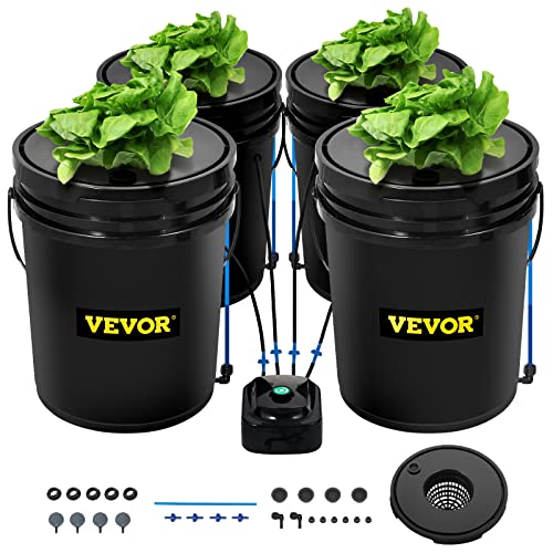 VEVOR DWC Hydroponic System, 5 Gallon 4 Buckets, Deep Water Culture Growing Bucket, Hydroponics Grow Kit with Pump, Air Stone and Water Level Device, for Indoor/Outdoor Leafy Vegetables - style: 4 Buckets