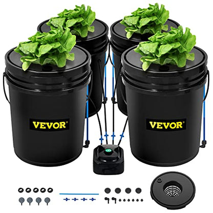 VEVOR DWC Hydroponic System, 5 Gallon 4 Buckets, Deep Water Culture Growing Bucket, Hydroponics Grow Kit with Pump, Air Stone and Water Level Device, for Indoor/Outdoor Leafy Vegetables - style: 4 Buckets