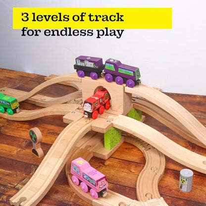 3 Level Wooden Bridge and Train Tunnel - Zany Trains - Toxic Turnpike - Viaduct Arch Bridge - Wooden Train Tracks Compatible with All Major Brands - Train Set Accessories Table