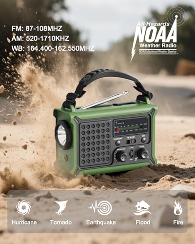 Emergency Weather Radio with Large Solar Panel, Real 12000mAh Battery - color: Army Green