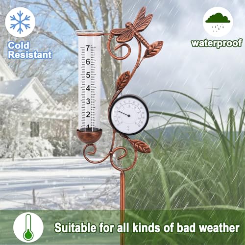 36.5in Dragonfly Rain Gauge Thermometer Bronze Metal Garden Stake Decor - color: Bronze Dragonfly