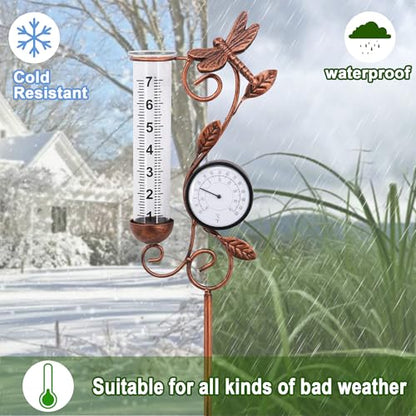36.5in Dragonfly Rain Gauge Thermometer Bronze Metal Garden Stake Decor - color: Bronze Dragonfly