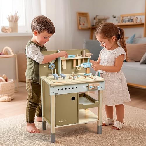 Kids Tool Set,Wooden Tools Bench with Apron Toddler Toy Workbench with Realistic Tools Electric Drill STEM Construction Toy Gifts for Age 3-9 Boys Girls - style: Wooden Tool Bench