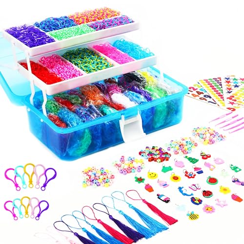 YITOHOP 15000+ Loom Rubber Bands Bracelet Kit, Rubber Bands for Bracelet Making Kit,Loom Bracelet Making Kit with 3 Layer Container,30 Colors,380 Beads, Charms Hooks Tools - color: Blue