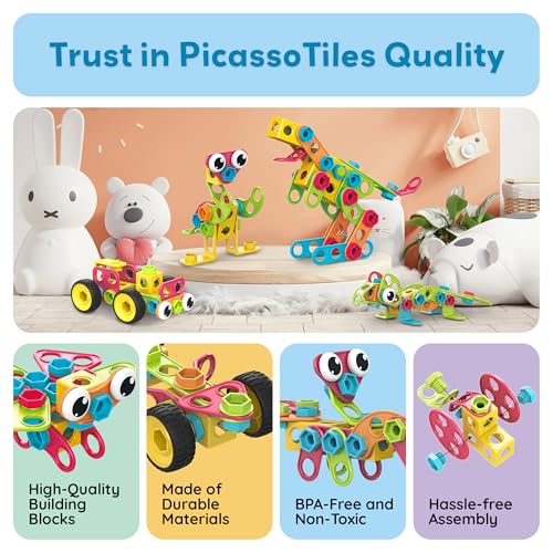 PicassoTiles STEM Learning Toys 250 Piece Building Block Kids Construction Engineering Kit Toy Blocks Children Early Education Playset w/Free IdeaBook, Power Drill, Clickable Ratchet, Age 3+ PTN250 - color: 250pcs Transformation