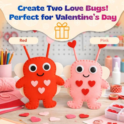 Valentine Gift for Kids, Love Bugs Kids Sewing Kit - Make & Gift Felt Plush Craft, Sew 2 Stuffed Love Bugs (Red & Pink), Precut Felt, Needle, Thread, Polyfill, Googly Eyes, Gift Cards, Ages 5+ - color: Love Bugs