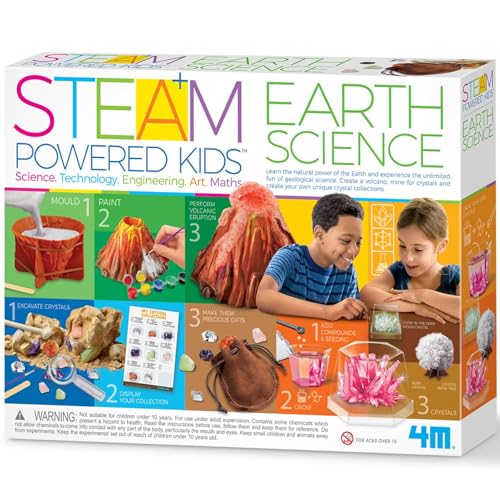 4M STEAM Earth Science Kit for Kids Ages 5+ — Geology STEM Toy with 5 Experiments Including Volcano Eruption, Crystal Growing & Fossil Excavation — Educational Science Gift for Boys & Girls - style: Earth Science