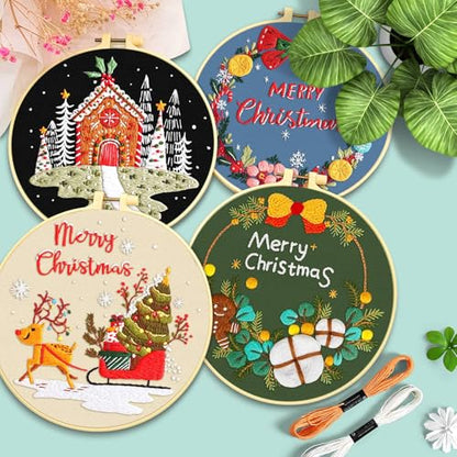 ERKOON 4 Sets Embroidery Kit for Beginners, Christmas Cross Stitch Set with Easy Pattern Embroidery Cloth Hoops Threads for Craft Lover Hand Stitch - color: Christmas