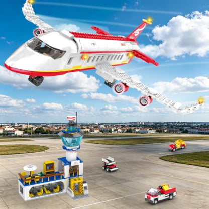 WINGIFT 880 Pcs City Airport Passenger Terminal Building Set, 6 in 1 Airplane Building Blocks Toy, STEM Aircraft Bricks with Shuttle Bus,Luggage Cart,Planes Model Toys Gifts for Boys Girls Ages 6-12+ - color: Red