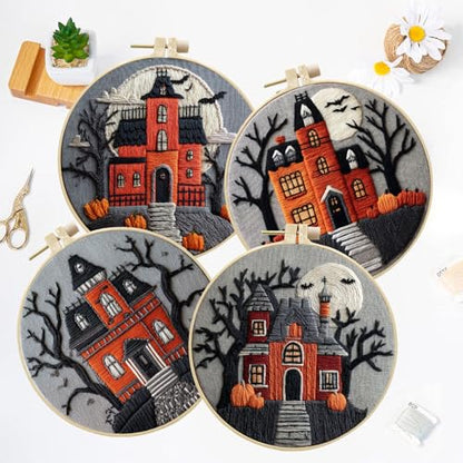 LB 4-Pack Halloween Castle Embroidery Kit for Beginners: Fall Pumpkin and Black Tree Bat Cross Stitch Kit | Adults DIY Starter Kit Includes Embroidery Hoop, Colorful Threads, Tools and Instructions - color: Black Orange